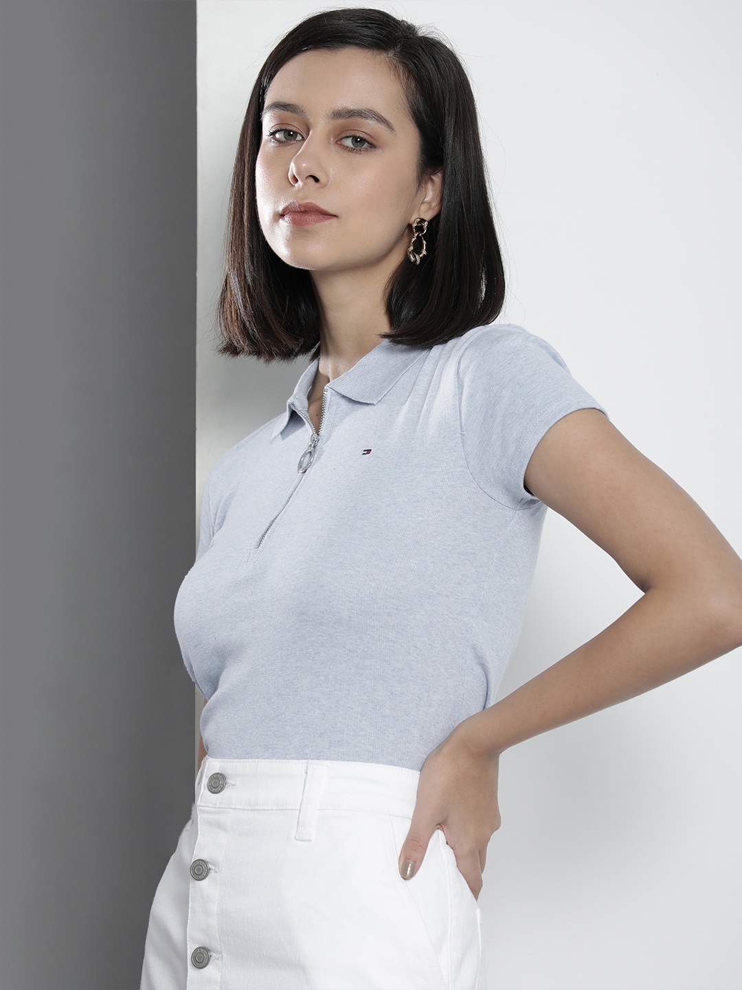 

Tommy Hilfiger Women Light Blue Solid Pure Cotton Polo Collar Slim Fit T-shirt