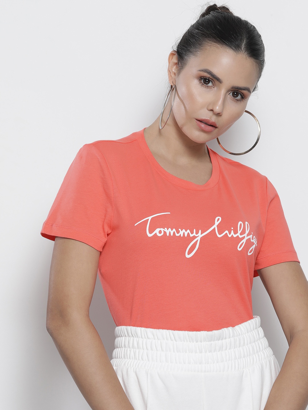

Tommy Hilfiger Women Coral Typography Printed Organic Cotton T-shirt