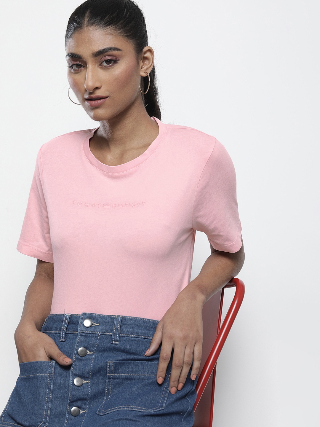 

Tommy Hilfiger Women Pink Brand Logo Embroidered Pure Cotton T-shirt