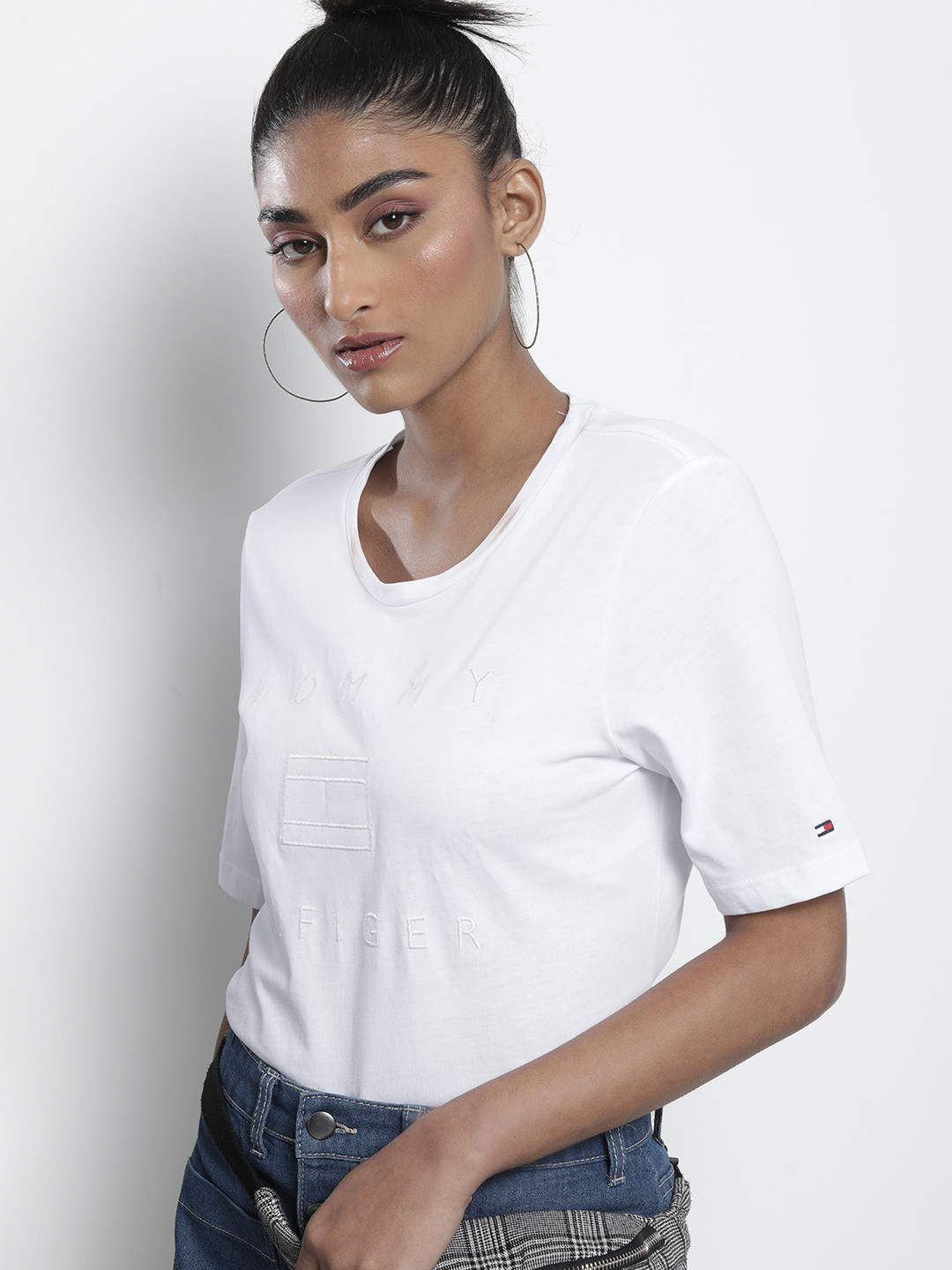 

Tommy Hilfiger Women White Brand Logo Embroidered Pure Cotton T-shirt