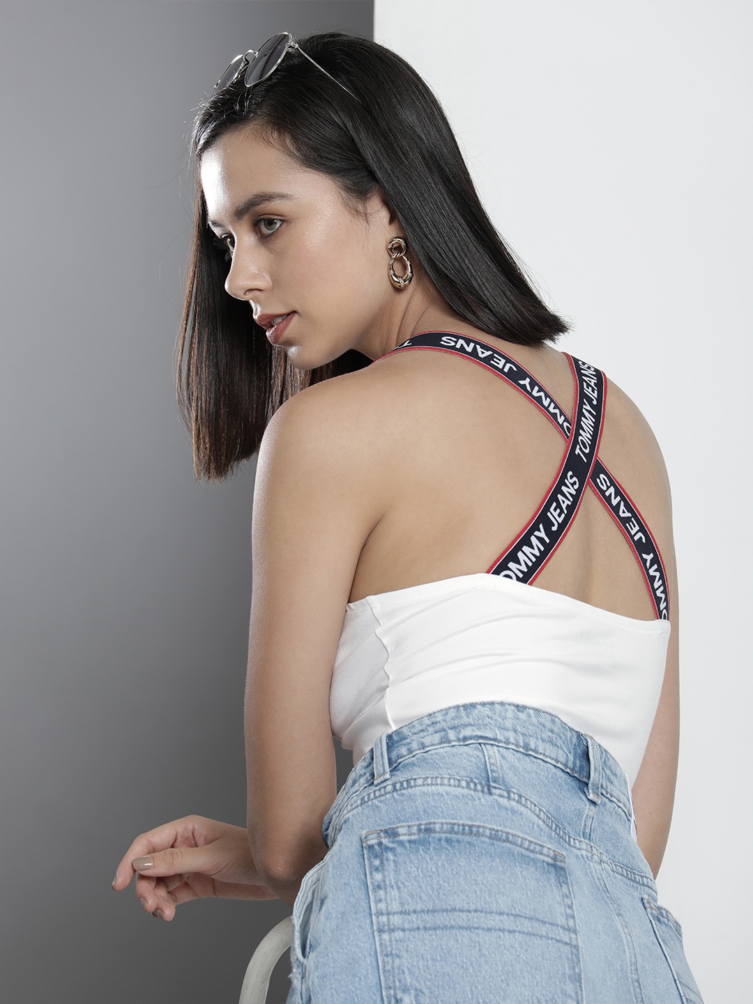 

Tommy Hilfiger Women Red Solid Sleeveless Logo Strap Bodysuit, White