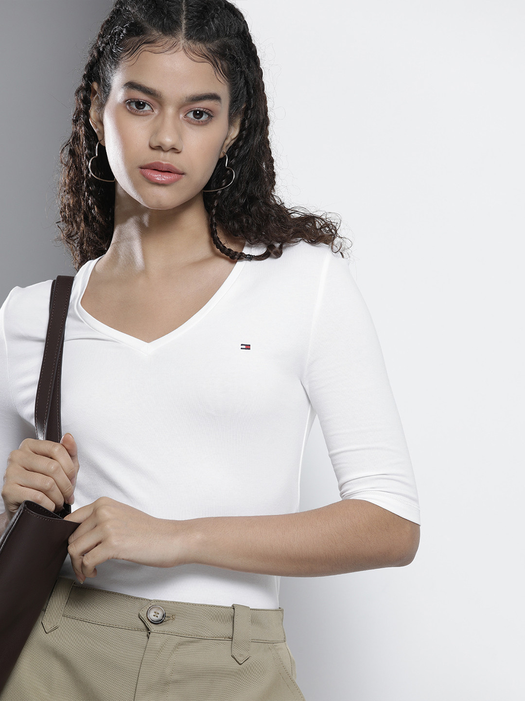 

Tommy Hilfiger Women White V-Neck Slim Fit T-shirt