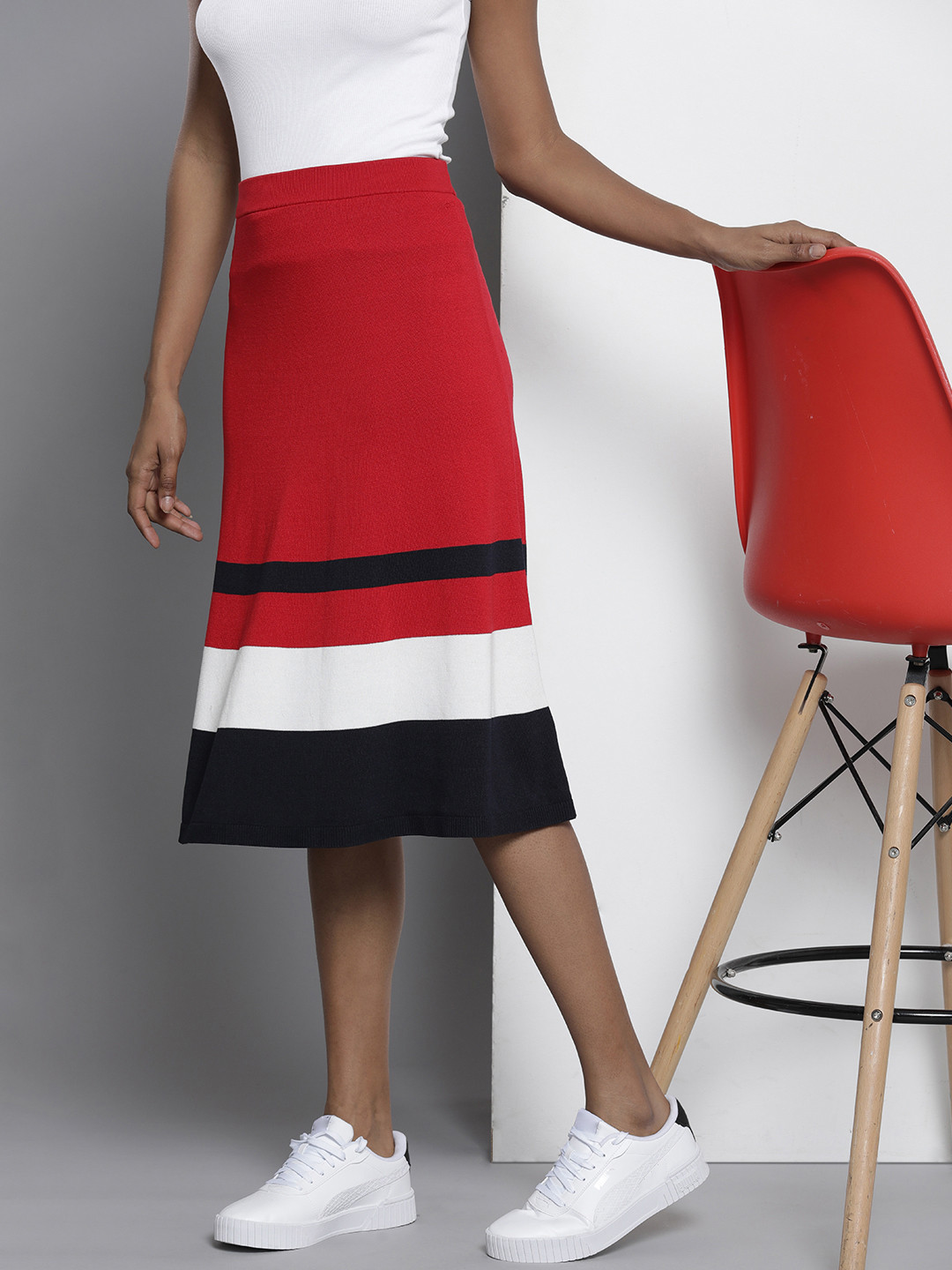 

Tommy Hilfiger Women Midi Length A-Line Ribbed Skirt, Red