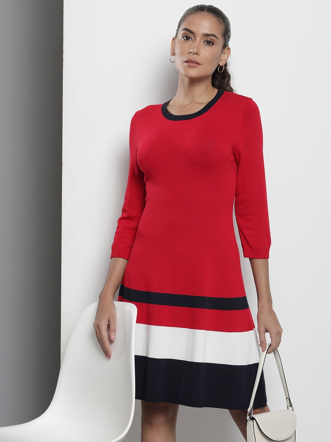 

Tommy Hilfiger Knitted Ribbed Colourblocked A-Line Dress, Red