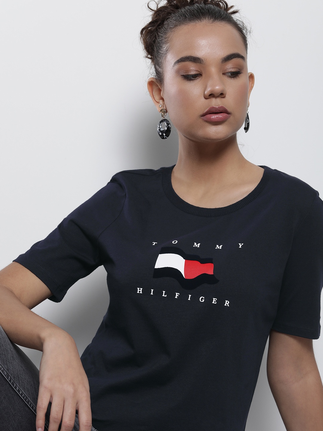 

Tommy Hilfiger Women Navy Blue Brand Logo Pure Cotton T-shirt