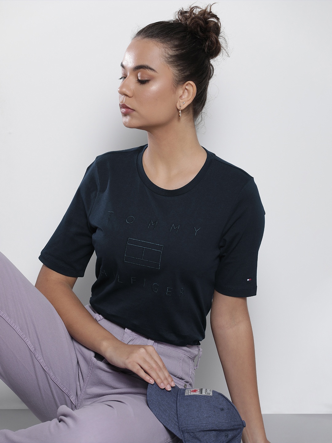 

Tommy Hilfiger Women Navy Blue Embroidered T-shirt