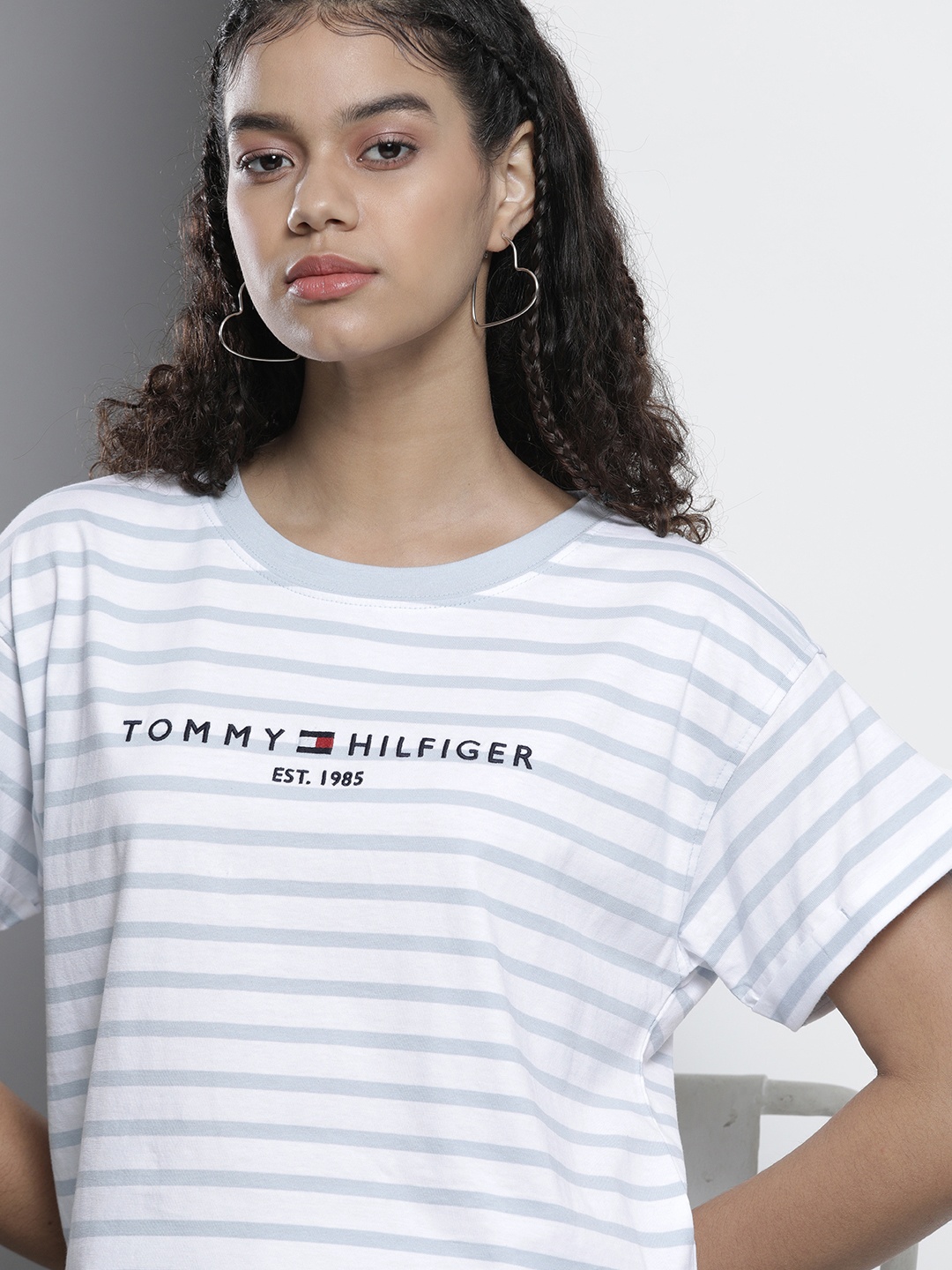 

Tommy Hilfiger Women Blue & White Striped Extended Sleeves T-shirt