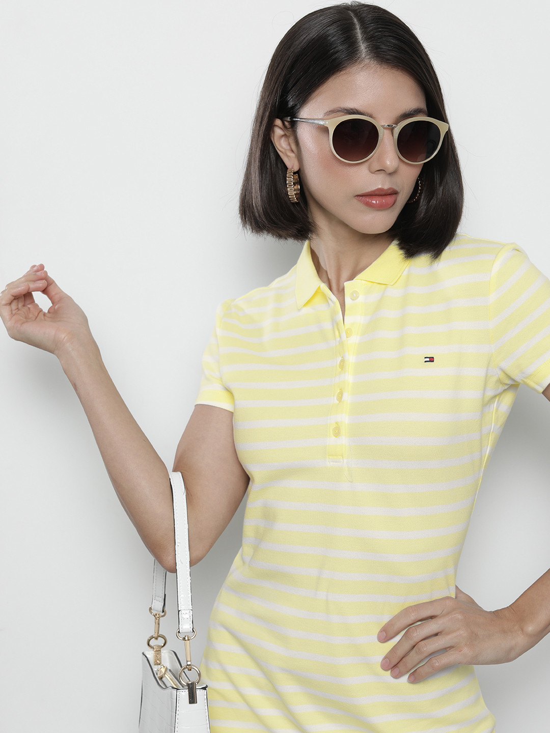 

Tommy Hilfiger Yellow & White Striped Slim Fit Polo Collar Embroidered T-shirt Dress