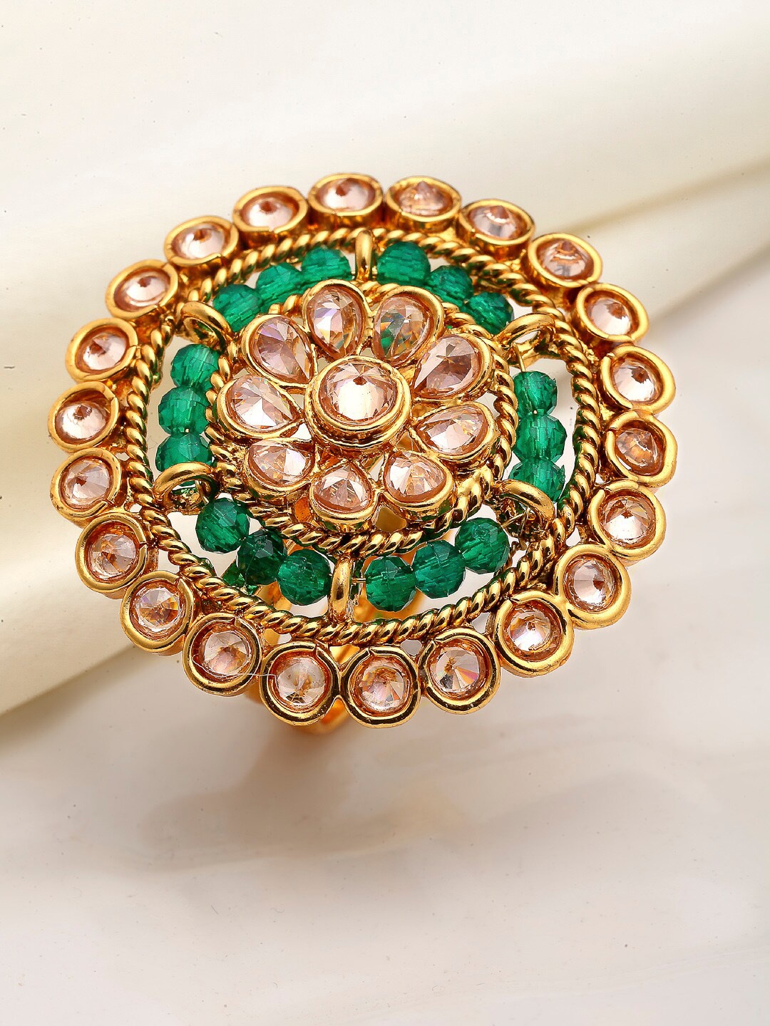 

ZENEME Gold-Plated White & Green AD Studded Finger Ring