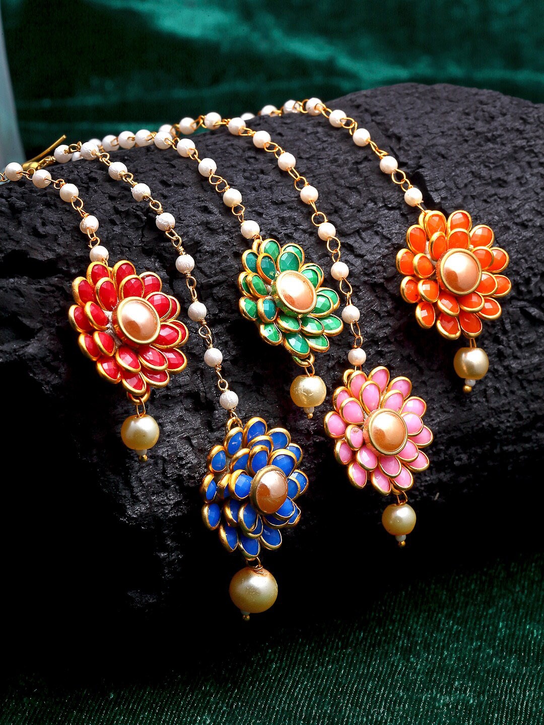 

ZENEME Set Of 5 Multi Colour Gold-Plated & Stone Studded Mangtikka, Red