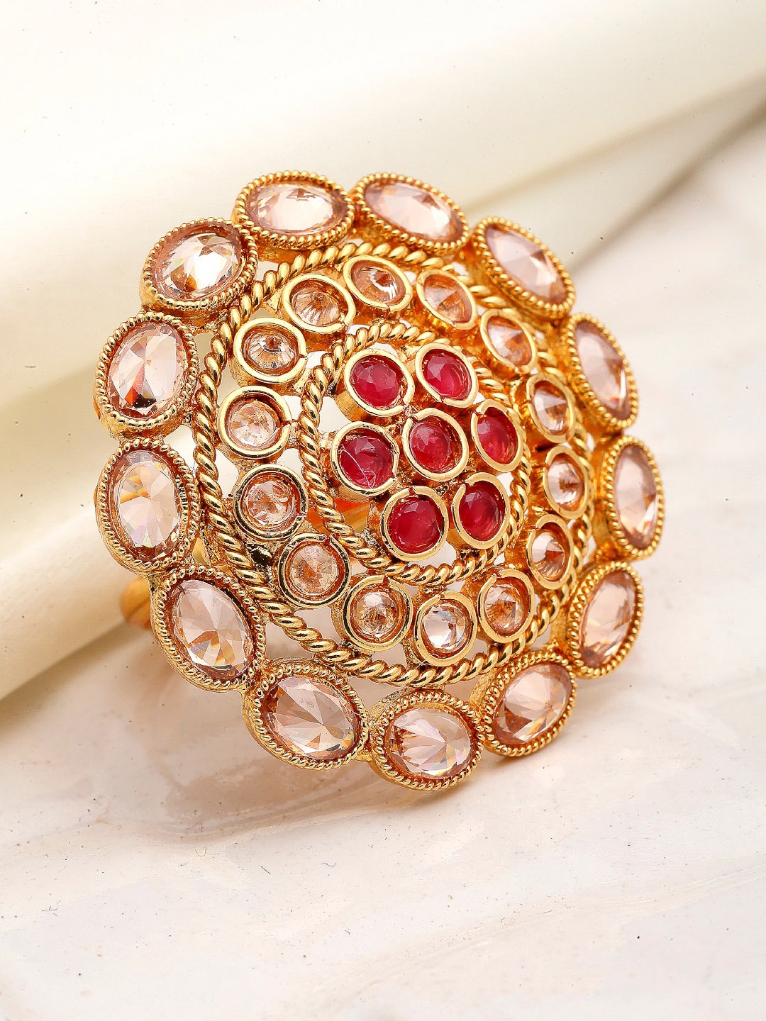 

ZENEME Gold-Plated & Red AD Studded Adjustable Finger Ring