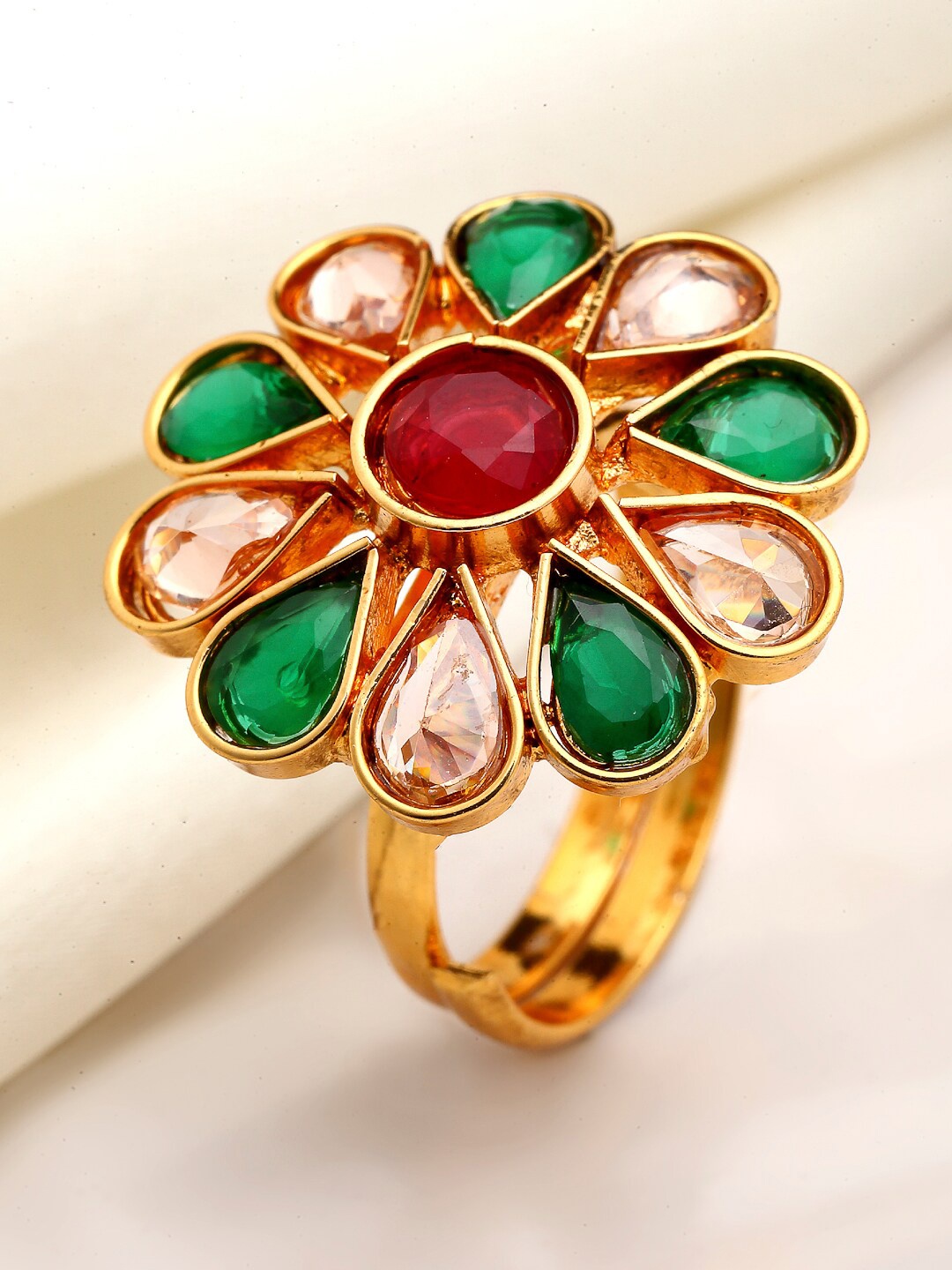 

ZENEME Gold-Plated Green And Pink AD-Studded Finger Ring