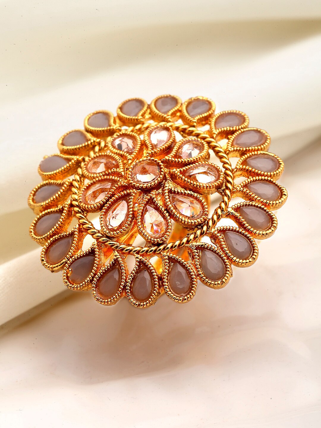 

ZENEME Gold-Toned White & Grey AD Studded Finger Ring
