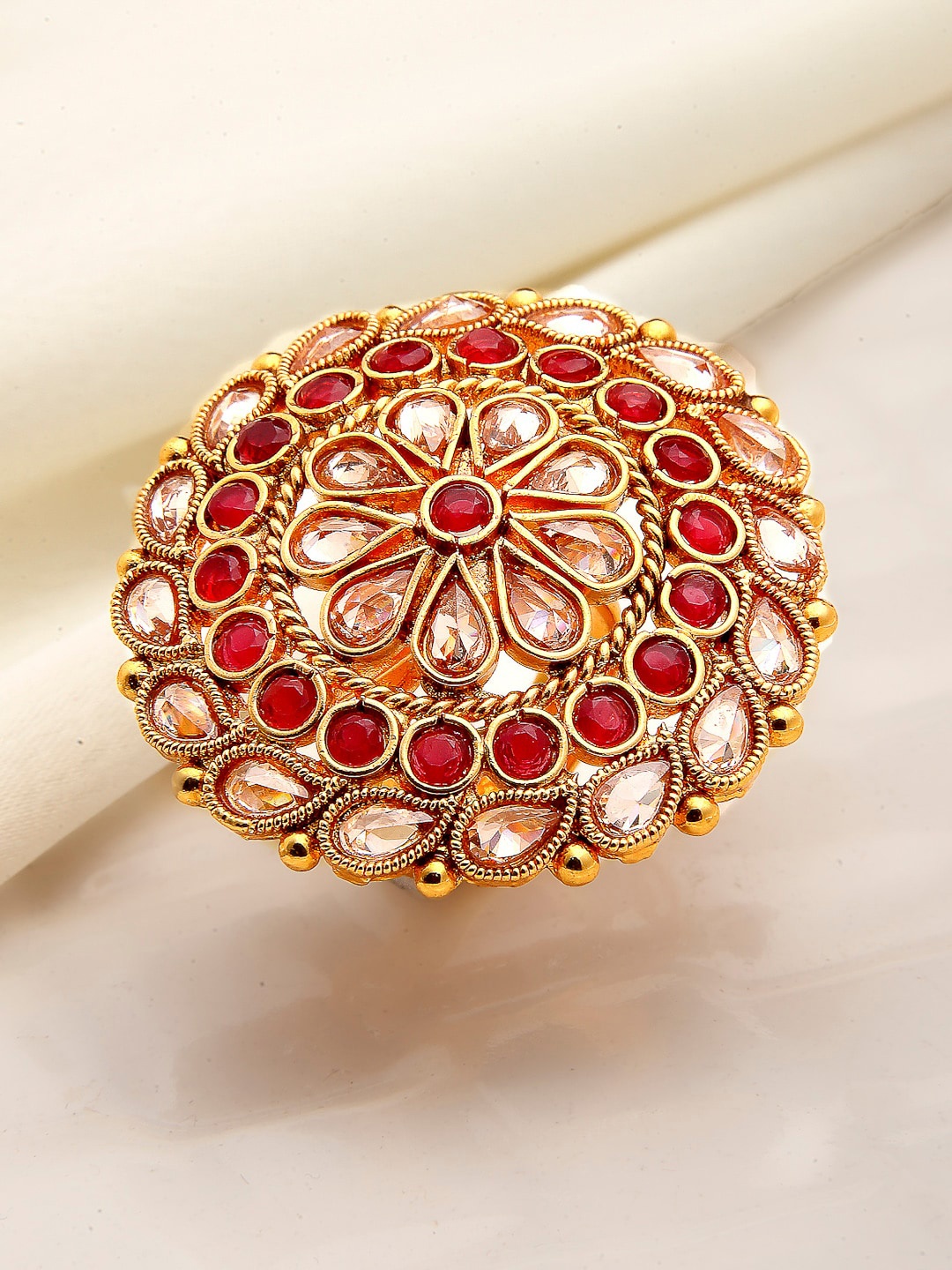 

ZENEME Gold-Plated White & Red AD Studded Finger Ring