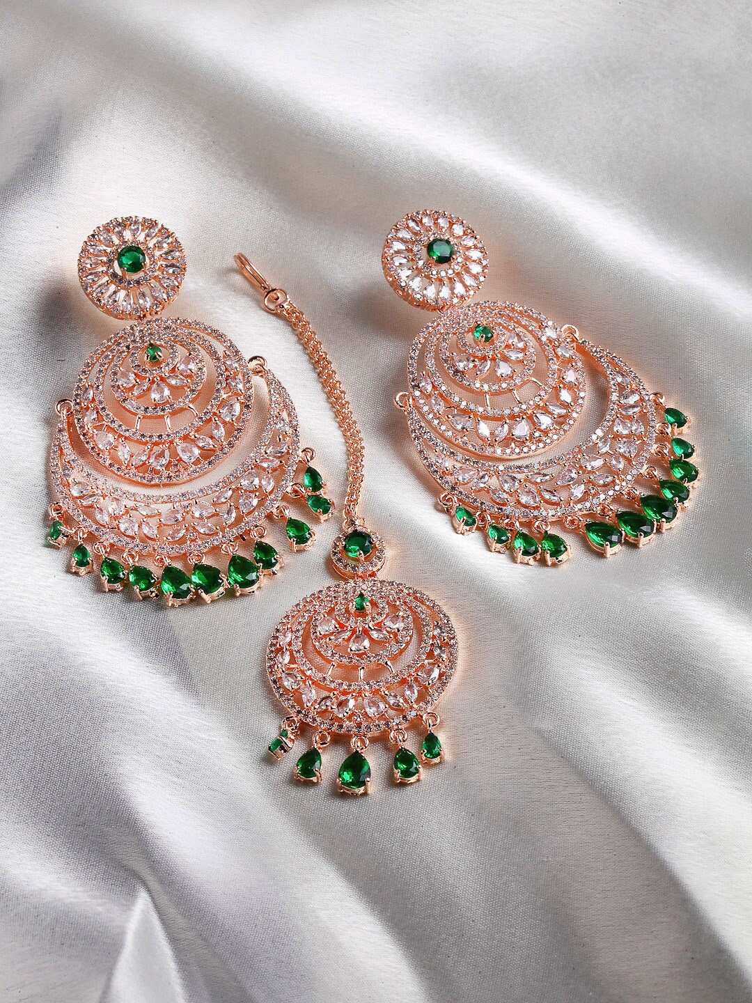 

ZENEME Green Rose Gold Plated AD-Studded Jewellery Set