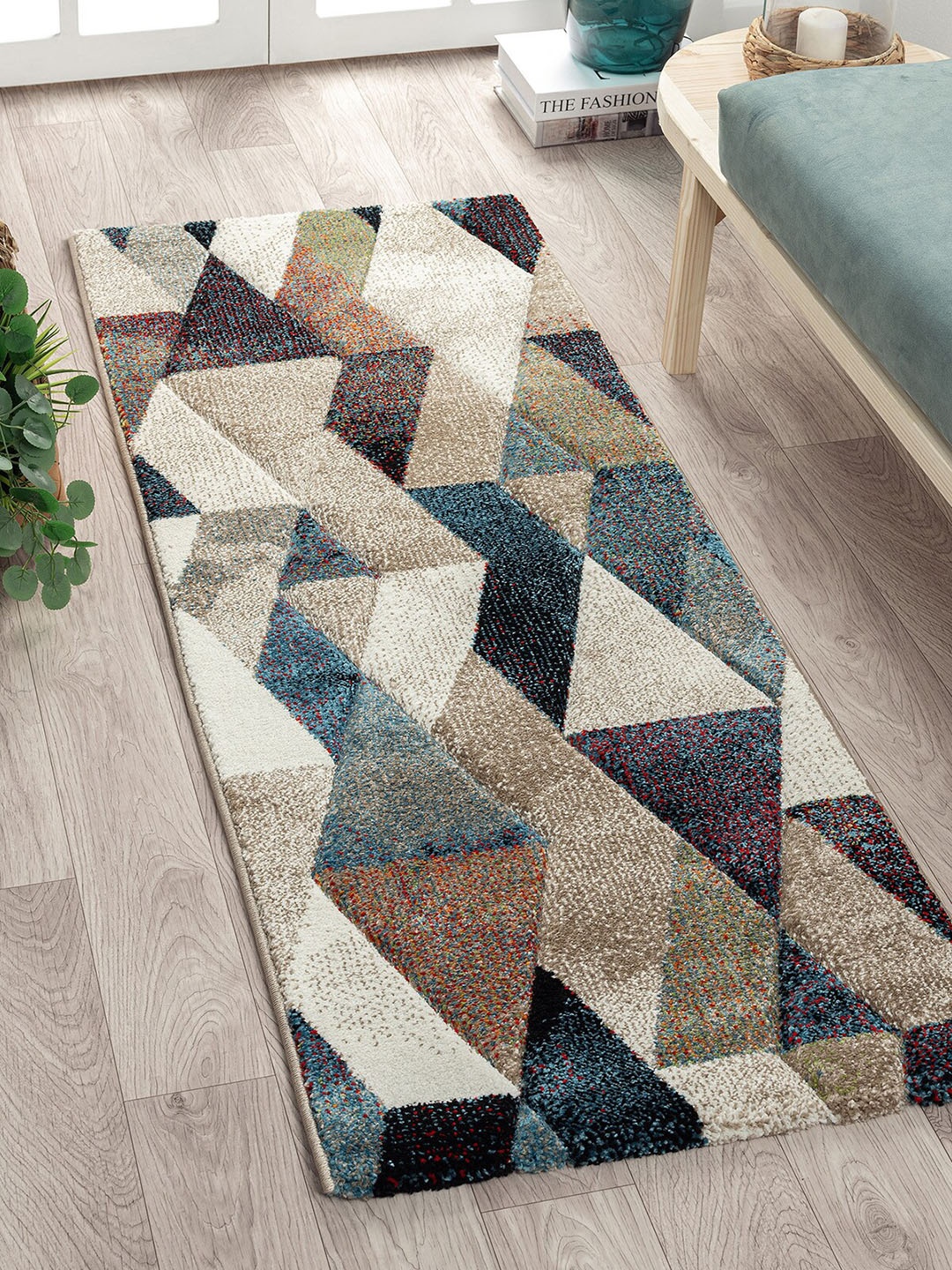 

OBSESSIONS Beige & Teal Blue Geometric Floor Runner