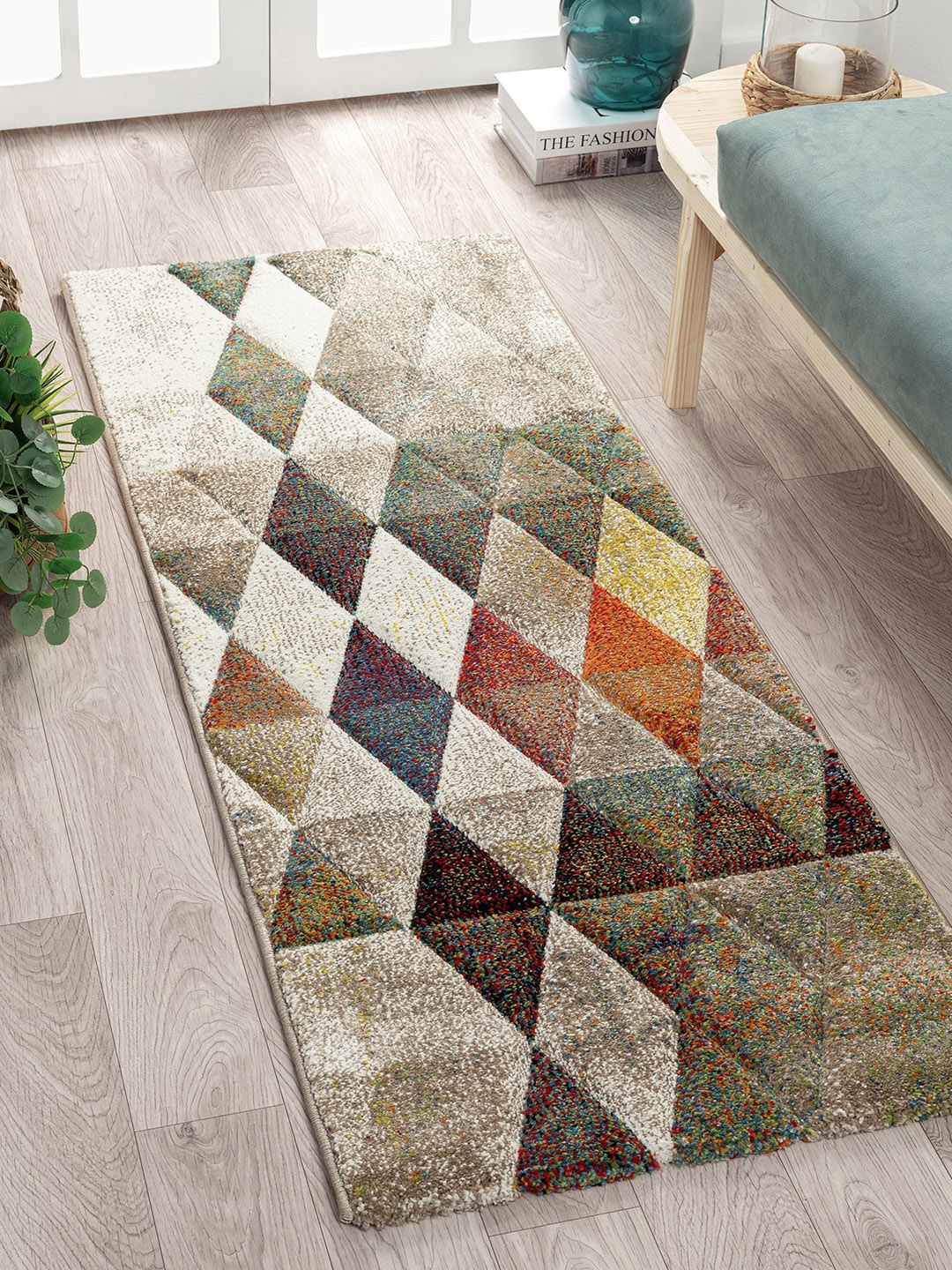 

OBSESSIONS Beige and Orange Geometric Floor Runner