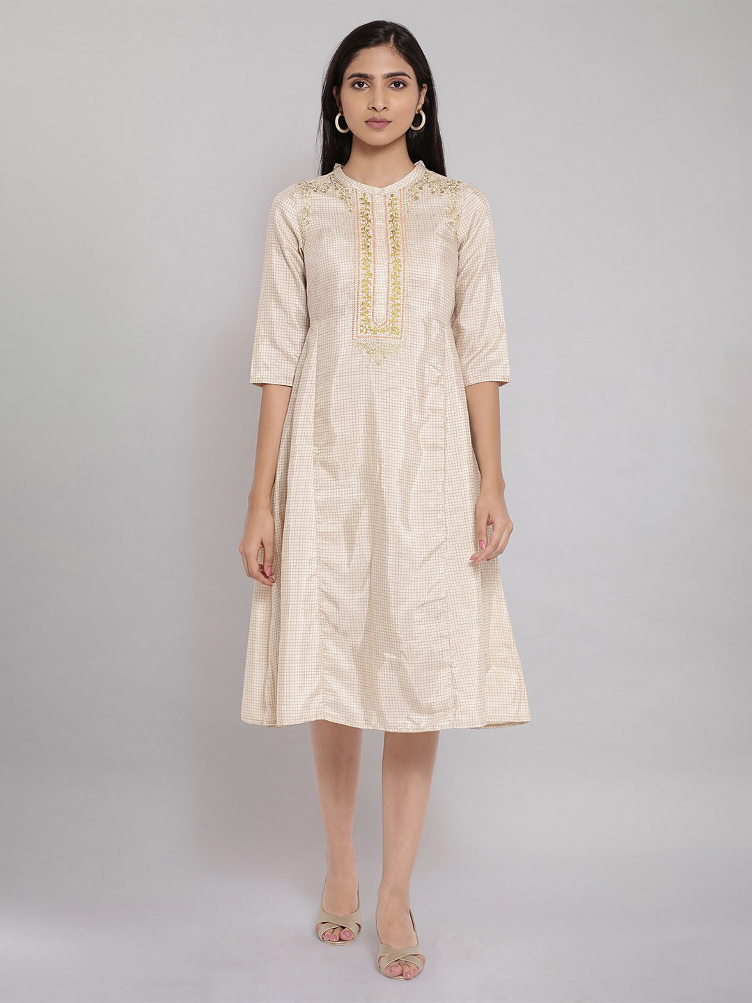 

AURELIA Woman White Embroidered Ethnic A-Line Midi Dress
