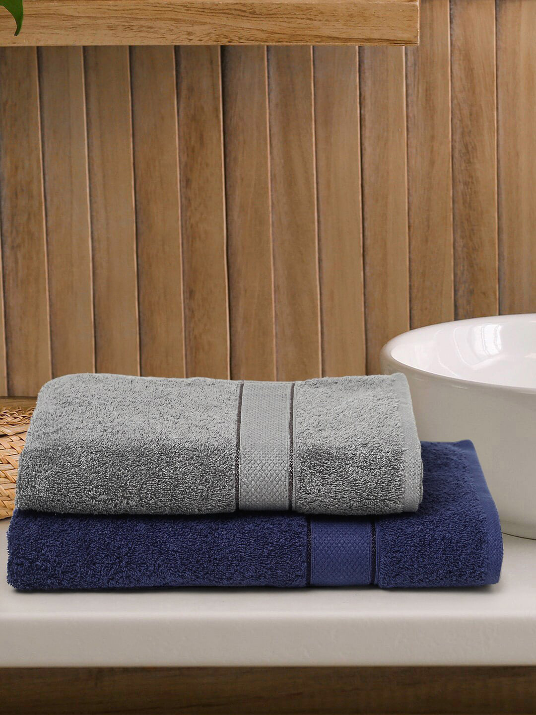 

Creeva Unisex Navy Blue & Grey Pack of 2 Couple Bath Set Towel
