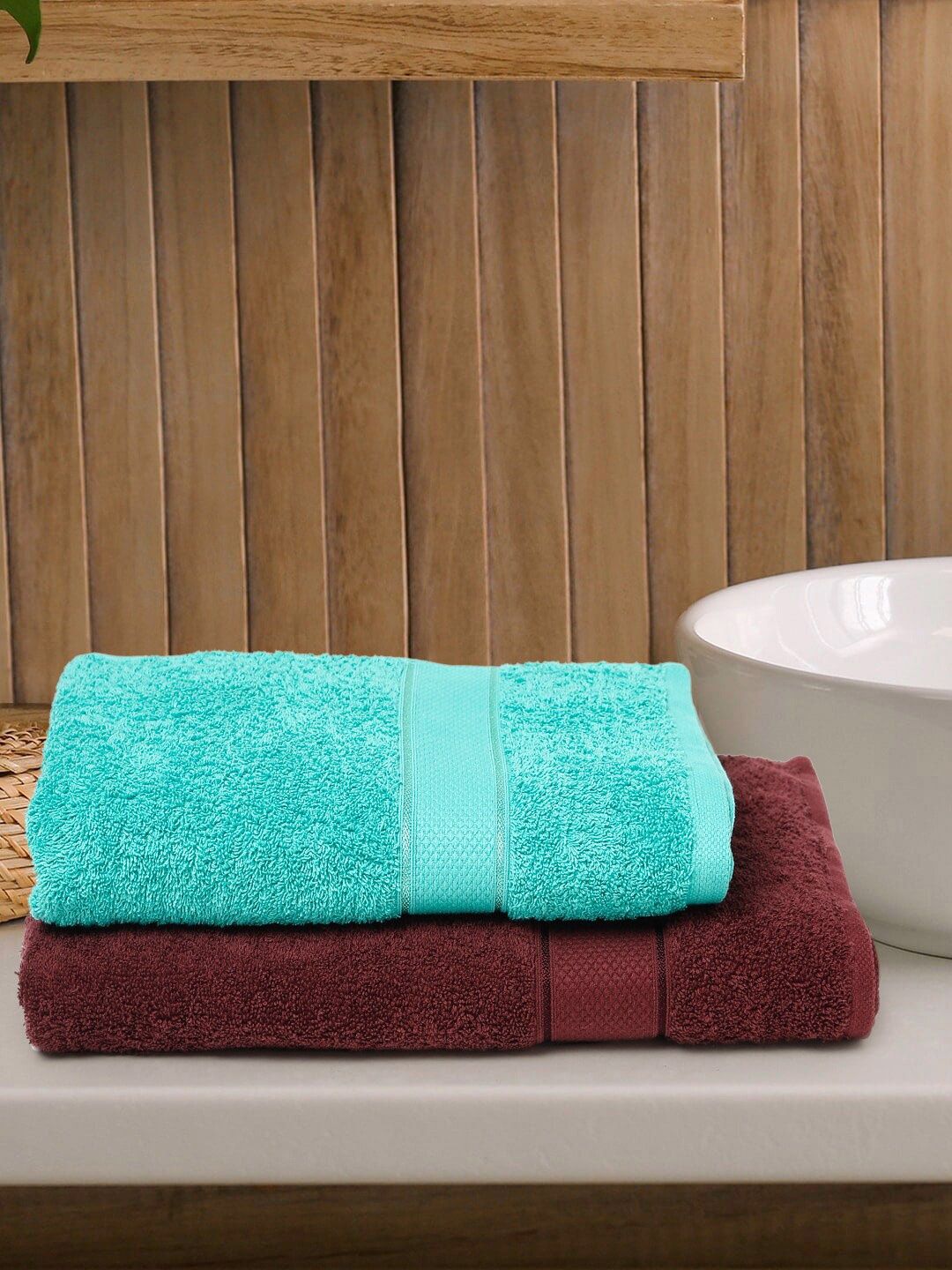 

Creeva Burgundy & Sea Green 2 Pc Solid 525 GSM Bath Towel Set