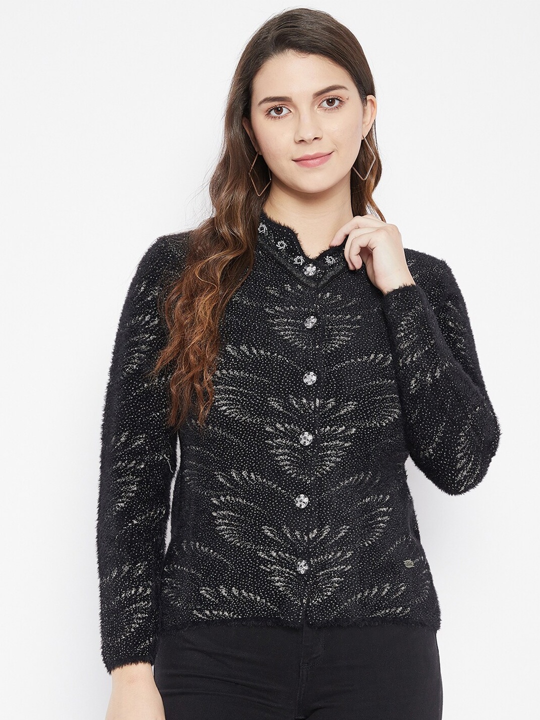 

Duke Women Black Abstract Self Design Wool Cardigan Sweater