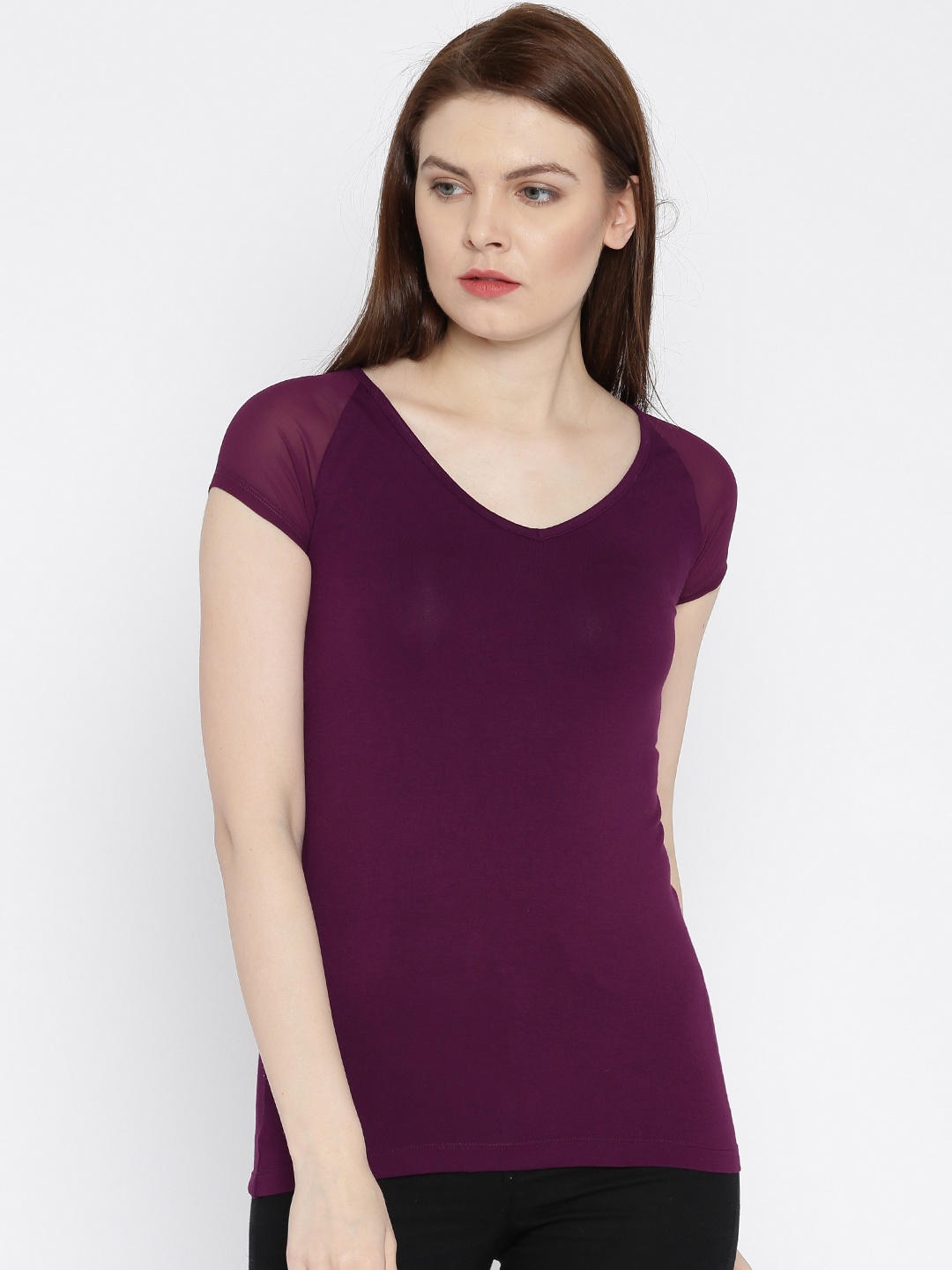 

Park Avenue Women Purple Solid V-Neck T-shirt