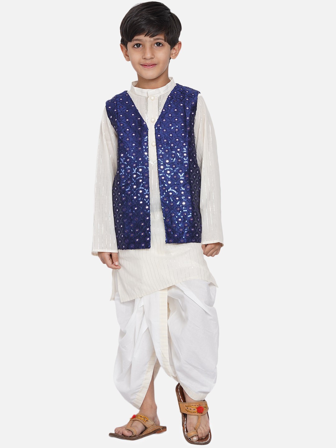 

Little Bansi Boys White Striped Gotta Patti Kurta with Dhoti Pants & Jacket