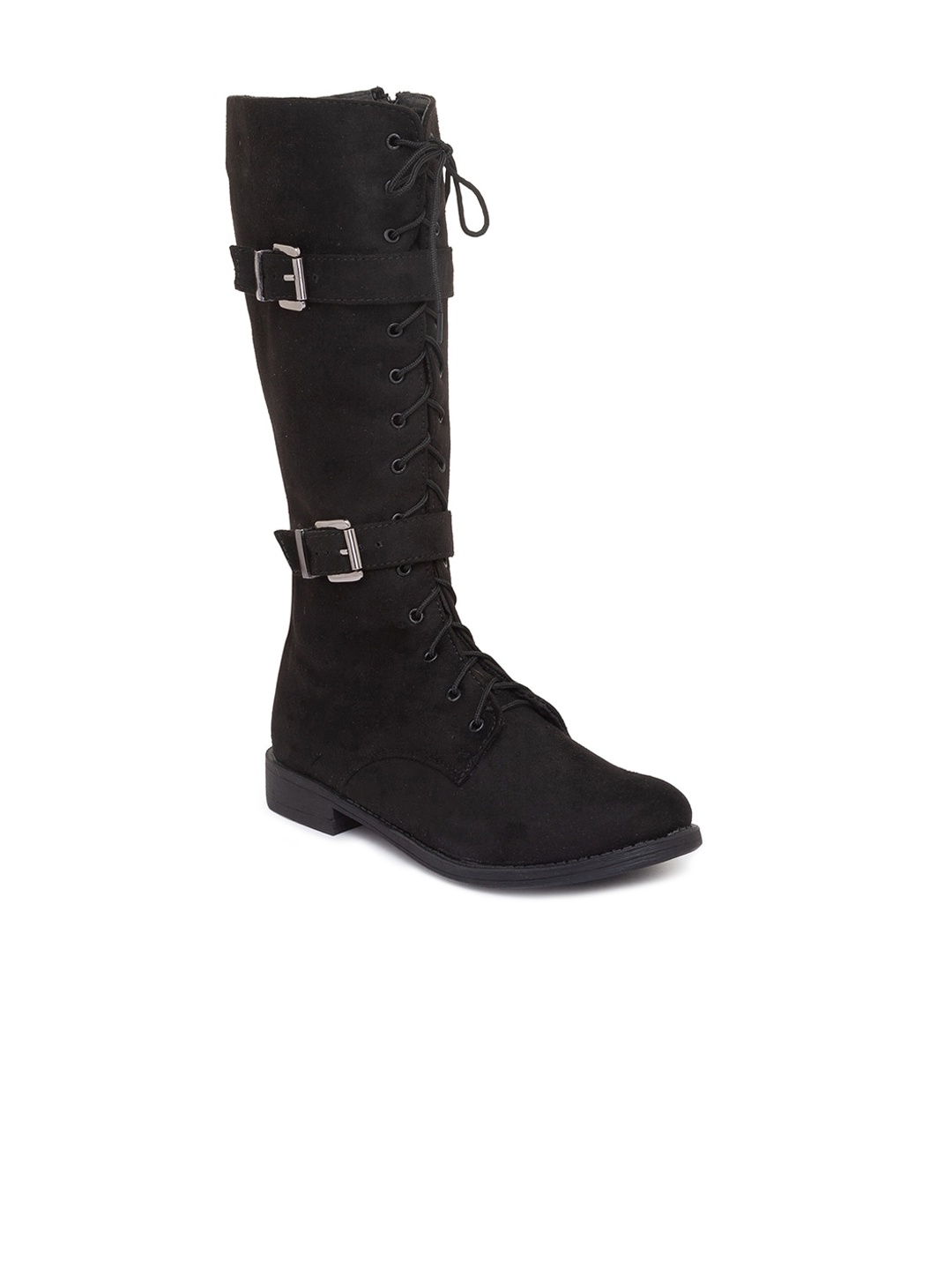 

Sole To Soul Black Suede High-Top Block Heeled Boots with Buckles