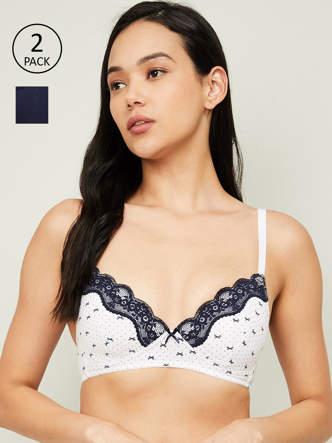 

Ginger by Lifestyle White & Navy Blue Graphic Bra Lightly Padded