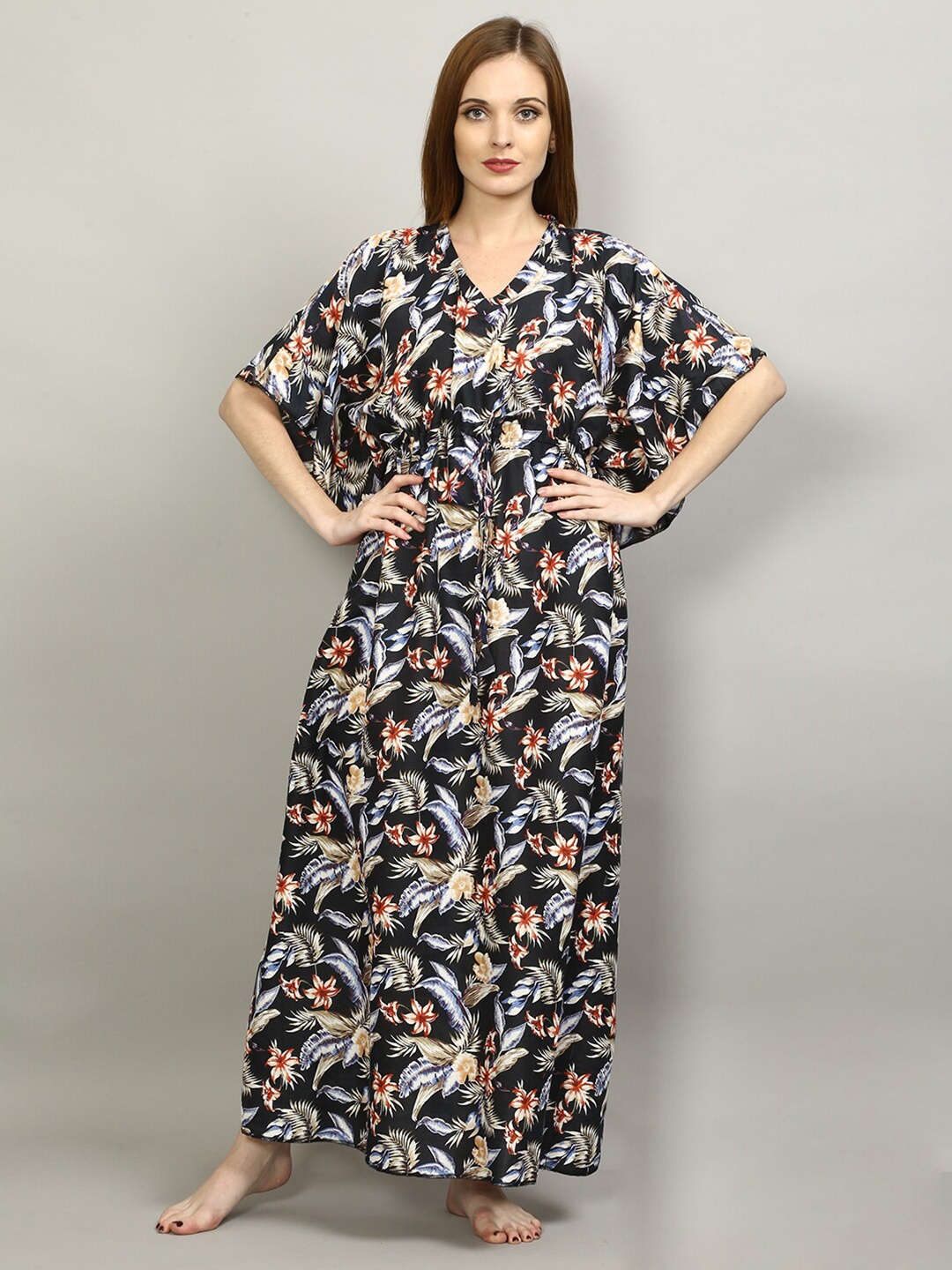 

FLAVIDO Black Printed Maxi Nightdress