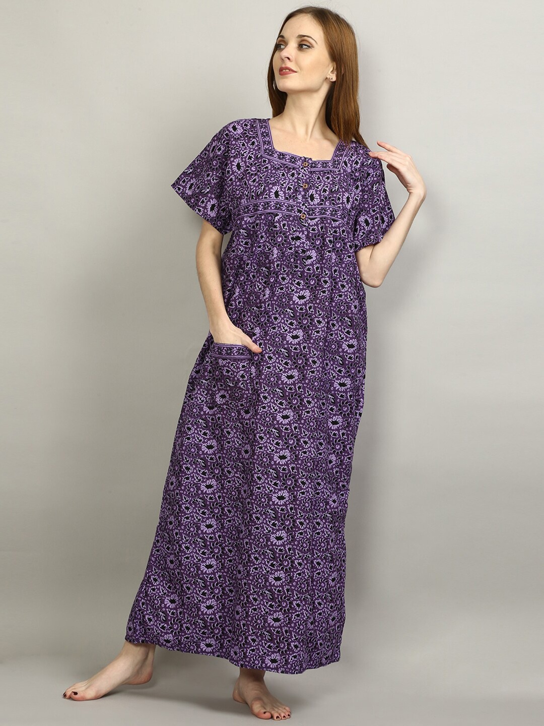 

FLAVIDO Purple Printed Maxi Nightdress