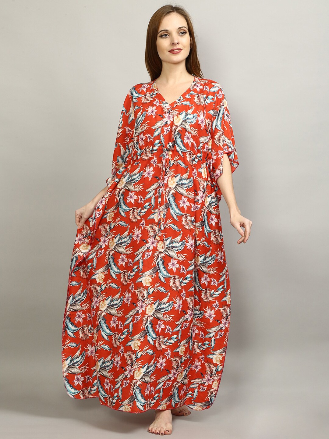 

FLAVIDO Red Printed Maxi Kaftan Nightdress