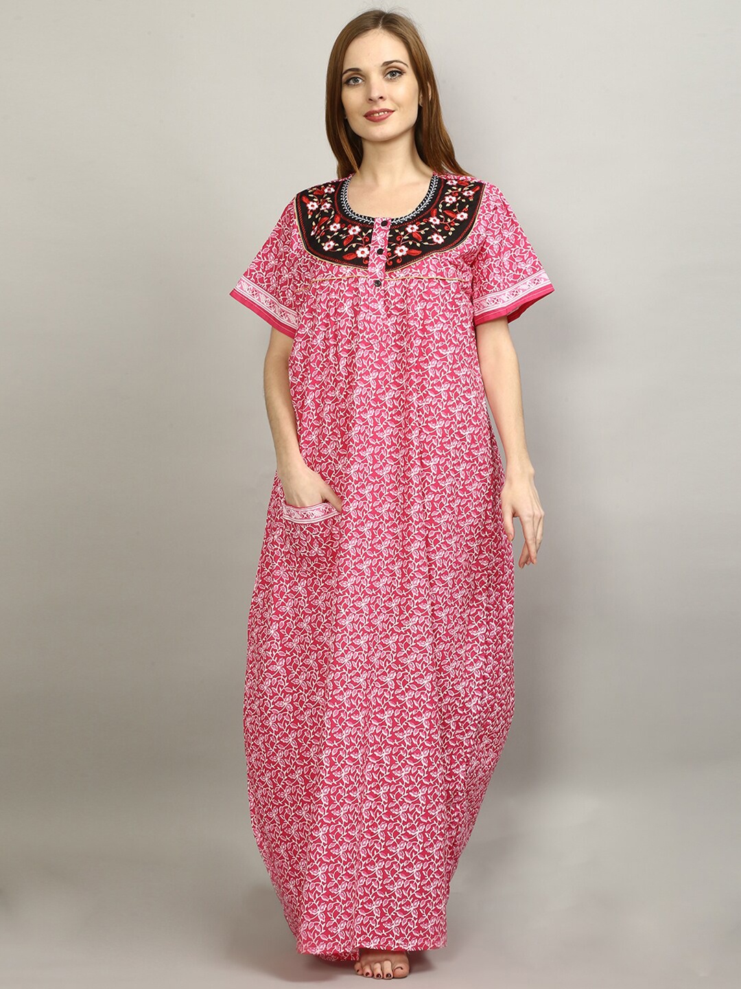 

FLAVIDO Pink Embroidered Pure Cotton Maxi Nightdress
