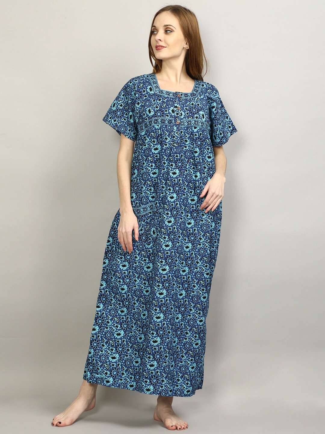 

FLAVIDO Blue Printed Maxi Nightdress