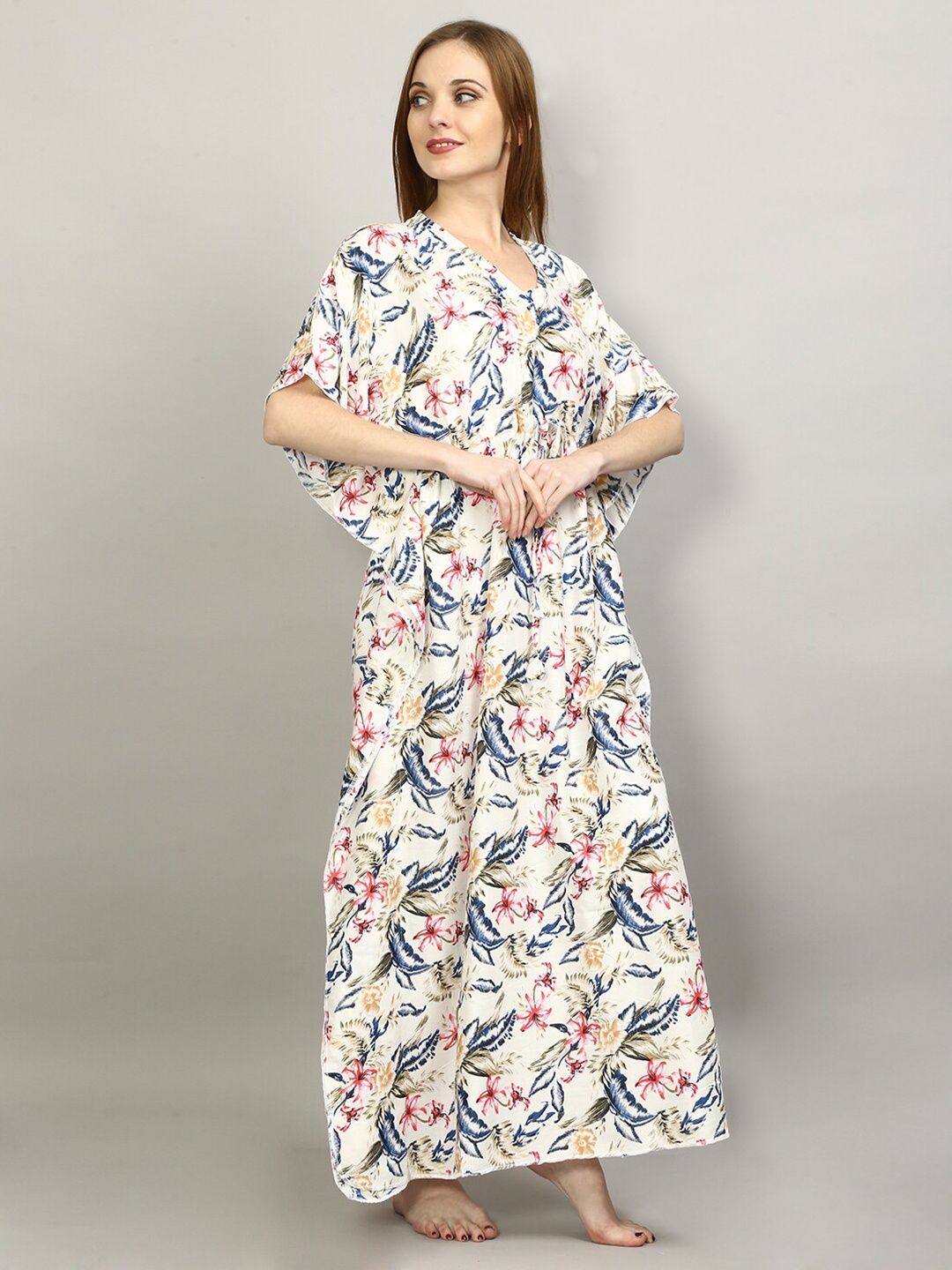 

FLAVIDO White Printed Maxi Nightdress