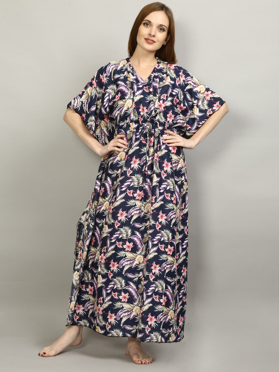 

FLAVIDO Navy Blue Printed Cotton Kaftan Maxi Nightdress