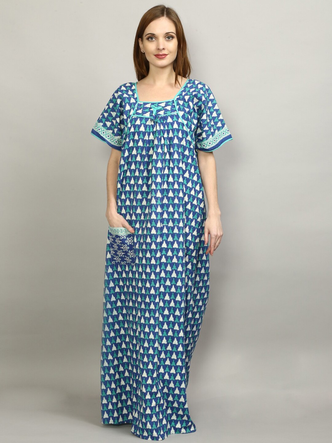 

FLAVIDO Blue Printed Maxi Nightdress