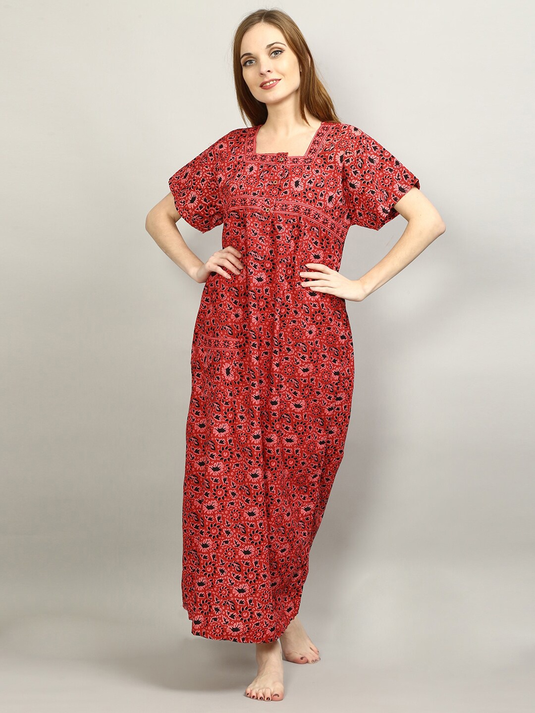 

FLAVIDO Red Printed Pure Cotton Maxi Nightdress