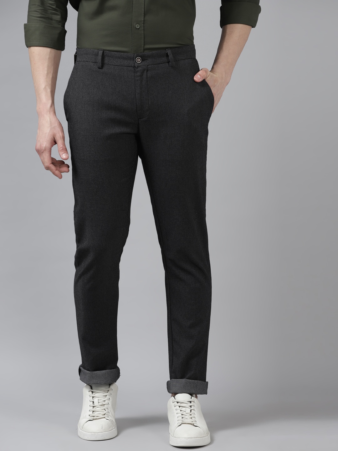 

Blackberrys Men Black & White Textured B-95 Slim Fit Regular Trousers