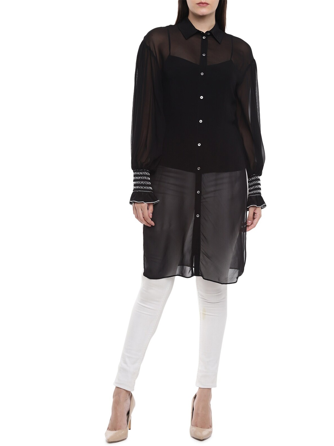 

Karl Lagerfeld Women Black Semi Sheer Casual Longline Shirt