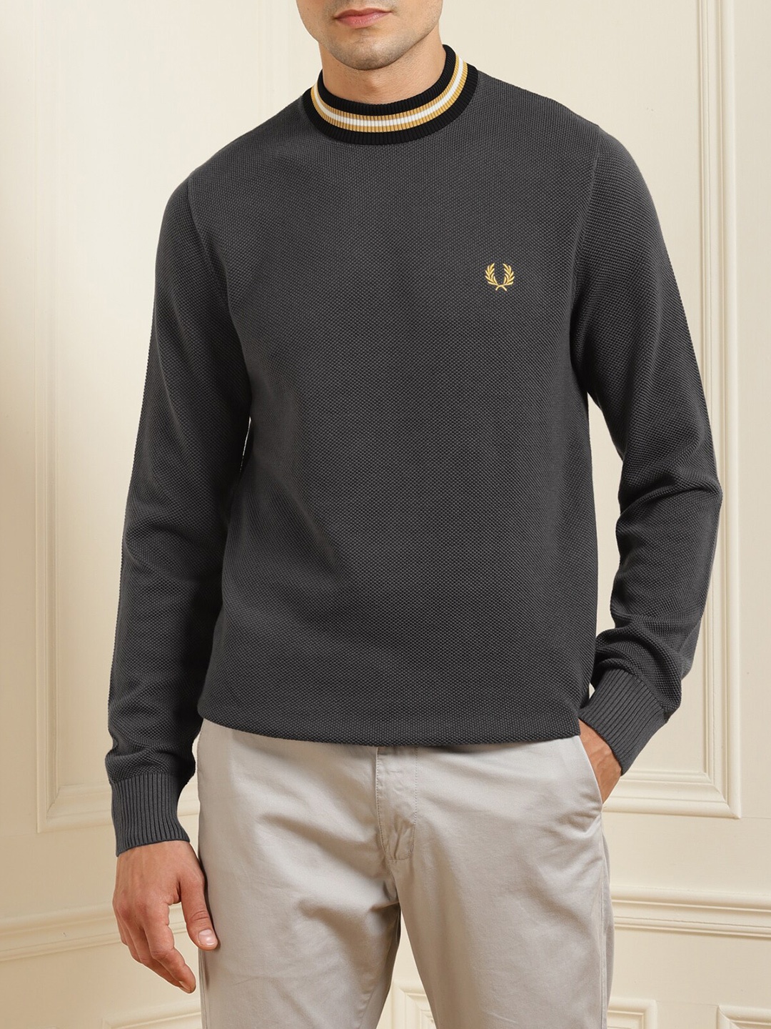 

Fred Perry Men Grey & White Solid Pullover