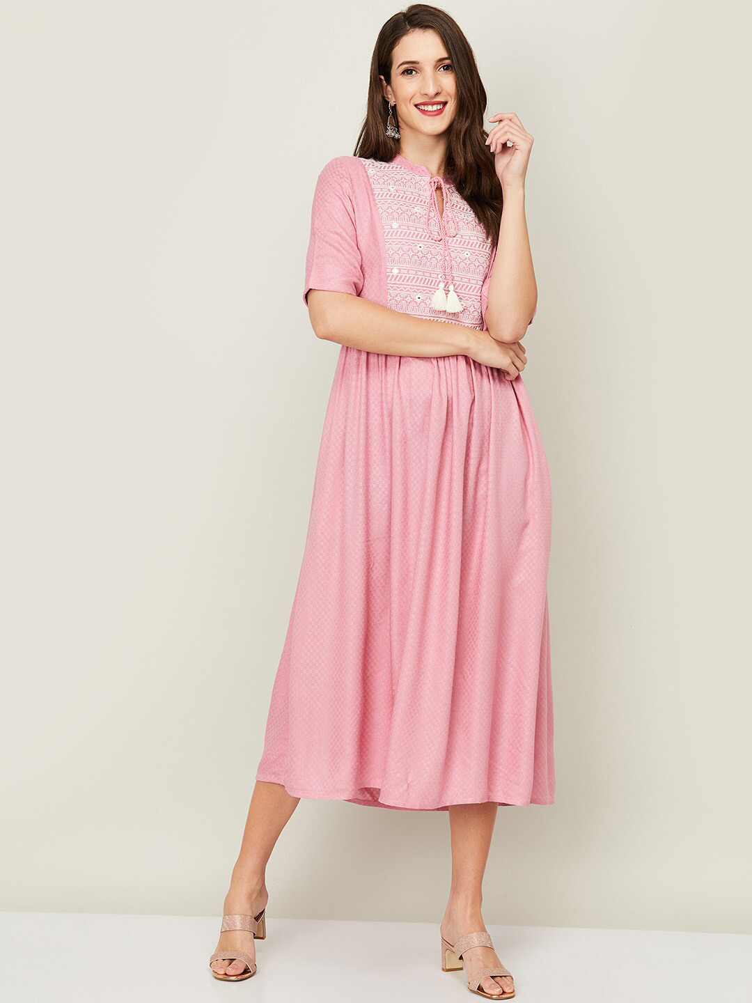 

Colour Me by Melange Woman Pink Embroidered Tie-Up Neck A-Line Midi Dress