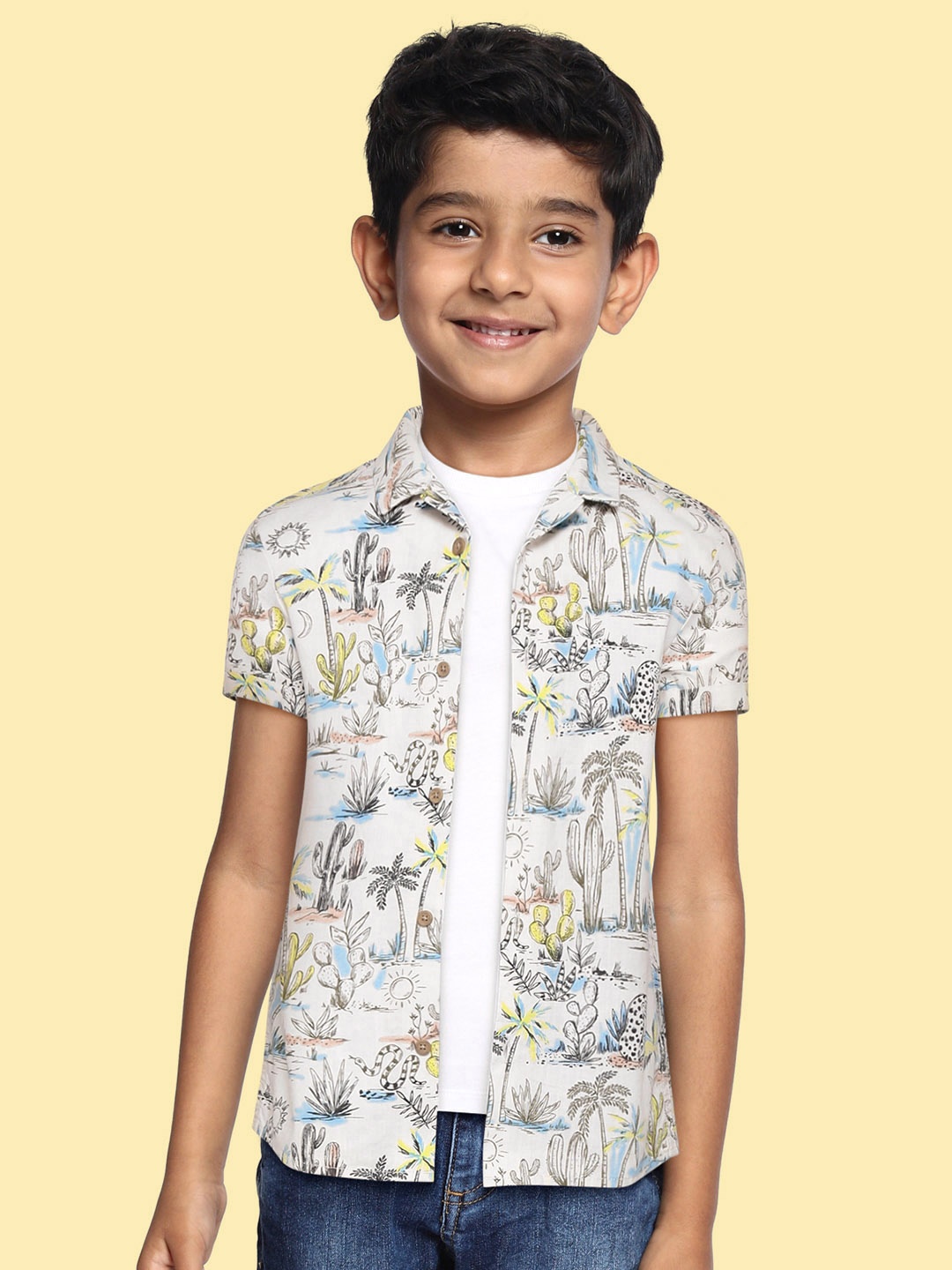 

Marks & Spencer Boys Cream-Coloured & Green Pure Cotton Printed Casual Shirt with T-shirt