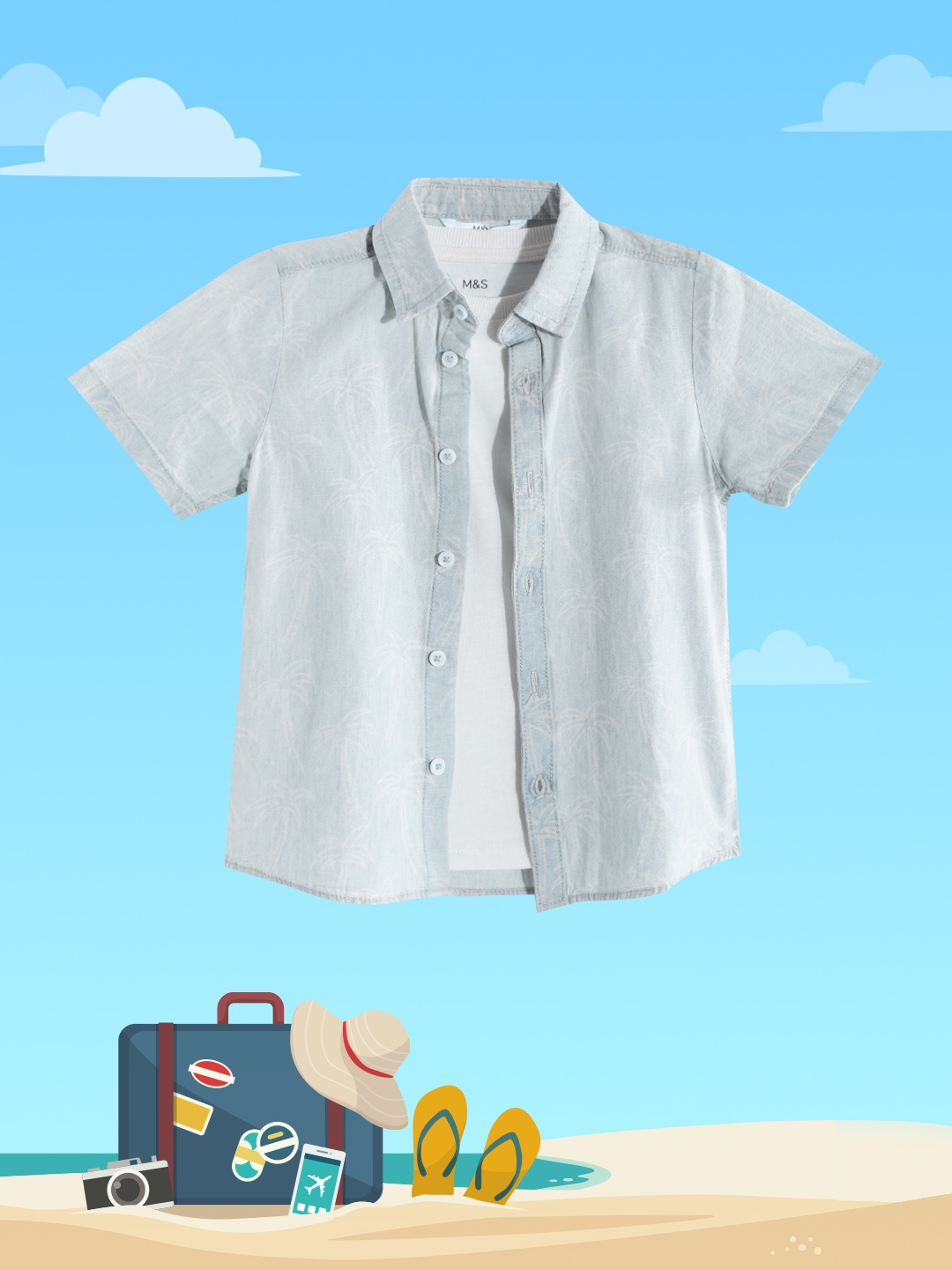 

Marks & Spencer Boys Blue & White Tropical Printed Cotton Casual Shirt with T-shirt