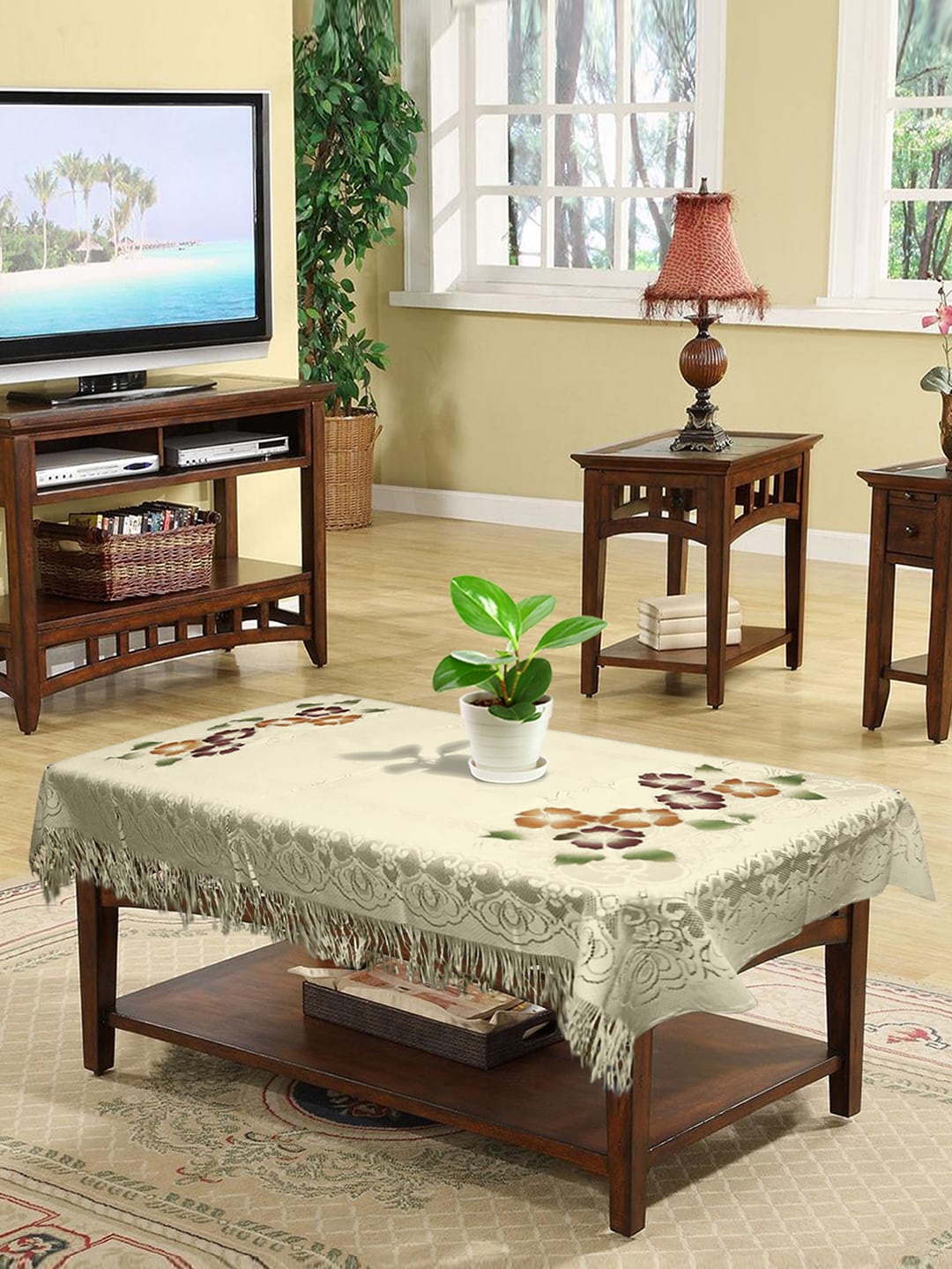 

Kuber Industries Cream-Coloured & Pink Floral Printed 4-Seater Rectangle Cotton Table Cover