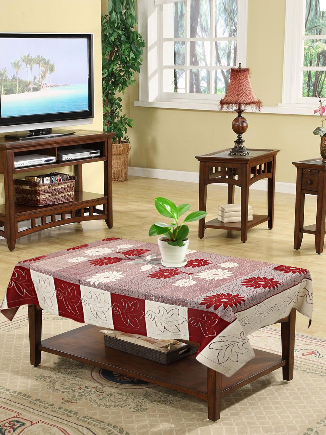 

Kuber Industries Red & Cream Flower Print 4 Seater Cotton Table Cover