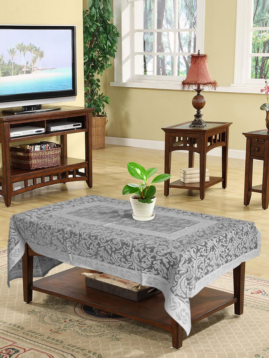 

Kuber Industries Grey & White Floral Printed 4-Seater Rectangle Cotton Table Cover