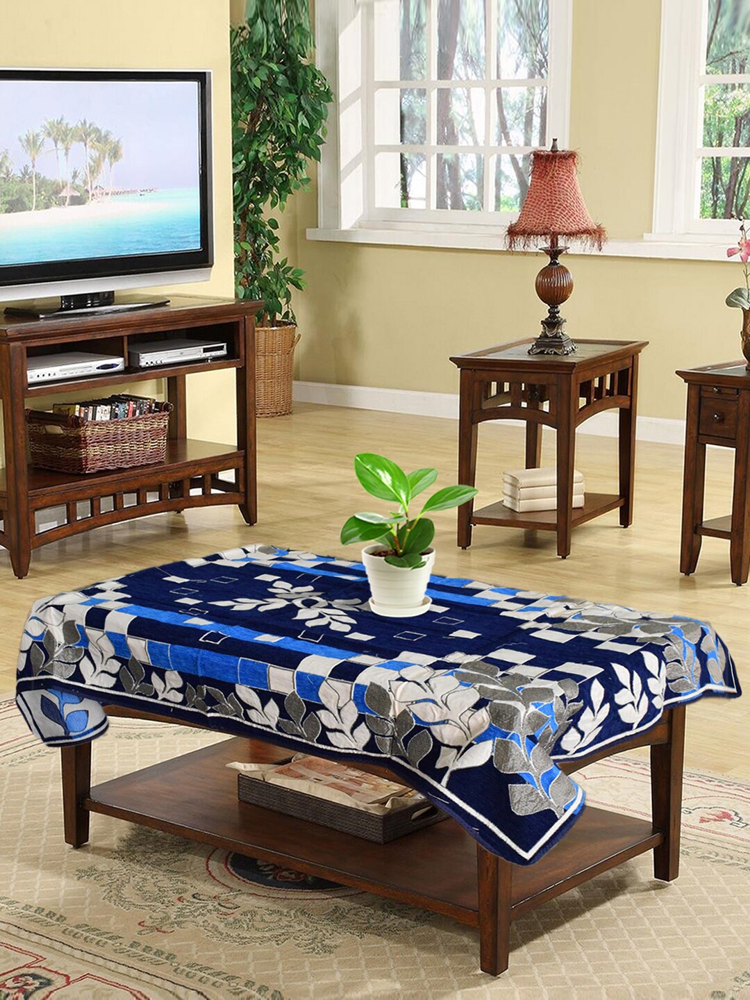 

Kuber Industries Blue & White Floral Printed 4-Seater Rectangle Velvet Table Cover