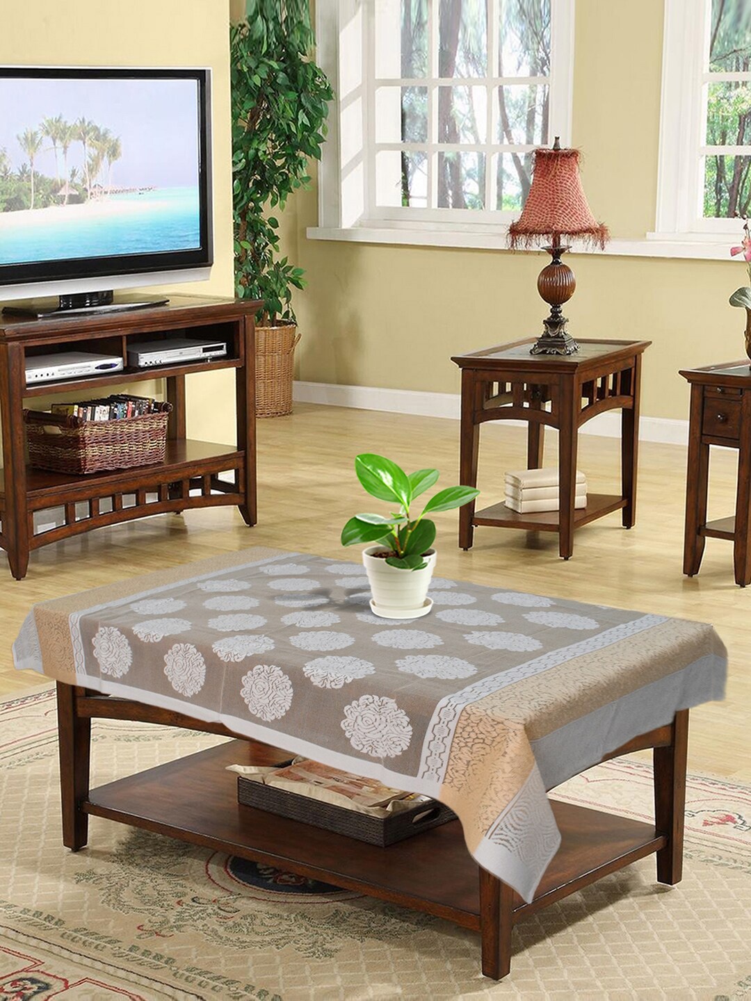 

Kuber Industries Grey & White Printed Cotton 4 Seater Table Cover