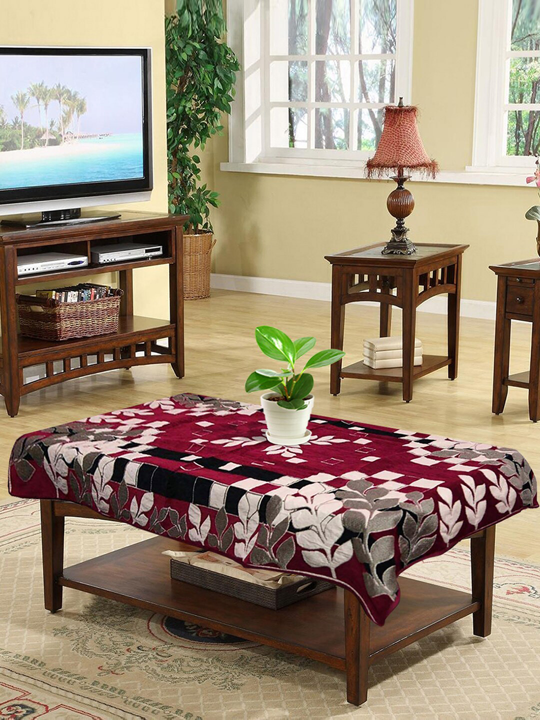 

Kuber Industries Magenta Leaf Printed Velvet 4 Seater Center Table Cover